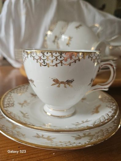 Fine bone China teaset Royal Tara gold white gilded 21 piece set