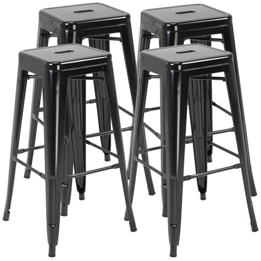 Set of 4 Stackable Bar Stools Tall Industrial Bar Chairs with Footrest Seat Height 76 cm, Metal Frame, Retro Style, for Dining Room, Balcony, Bistro or Bar, Black