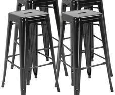 Set of 4 Stackable Bar Stools Tall Industrial Bar Chairs with Footrest Seat Height 76 cm, Metal Frame, Retro Style, for Dining Room, Balcony, Bistro or Bar, Black