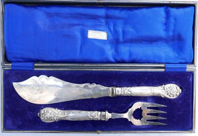 Antique Large Ornate Silver plate Fish server set McDowell's of Dublin Floral etched with original box