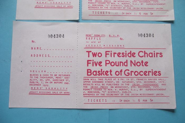 1972 Two tickets from Mens' Sodality Raffle in aid of Jesuit Missions