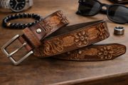 Unisex Genuine Leather Tooled Belt Vintage Floral Western Leather Belt