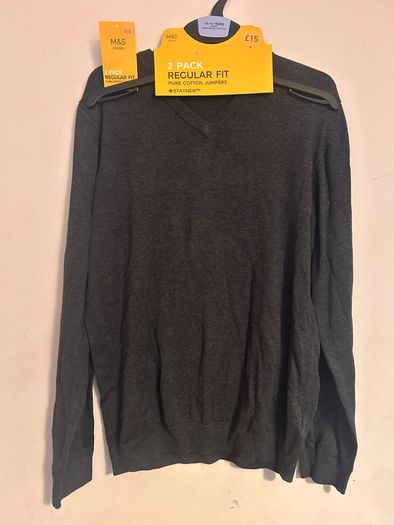 M& S pure cotton grey v neck jumper 13-14 years