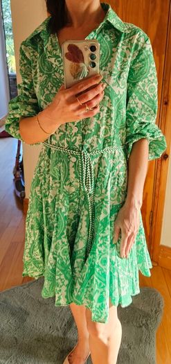 ZARA Green Paisley Floral Print Mini Shirt Dress XS