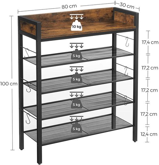 Shoe rack, 4 grid shelves, for 14 pairs of shoes, raised side edges, for sneakers, high heels, slippers, industrial style, vintage-brown-black