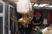 Beautiful Old Large Antique Hanging Brass and Milk Glass Oil Lamp, Converted to Electric
