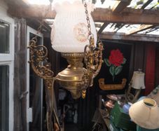 Beautiful Old Large Antique Hanging Brass and Milk Glass Oil Lamp, Converted to Electric