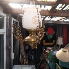 Beautiful Old Large Antique Hanging Brass and Milk Glass Oil Lamp, Converted to Electric