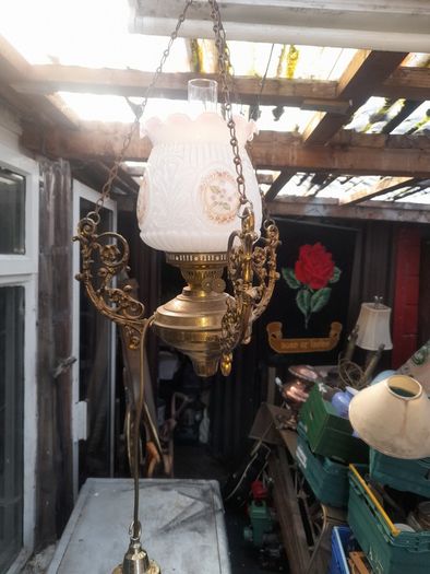 Beautiful Old Large Antique Hanging Brass and Milk Glass Oil Lamp, Converted to Electric