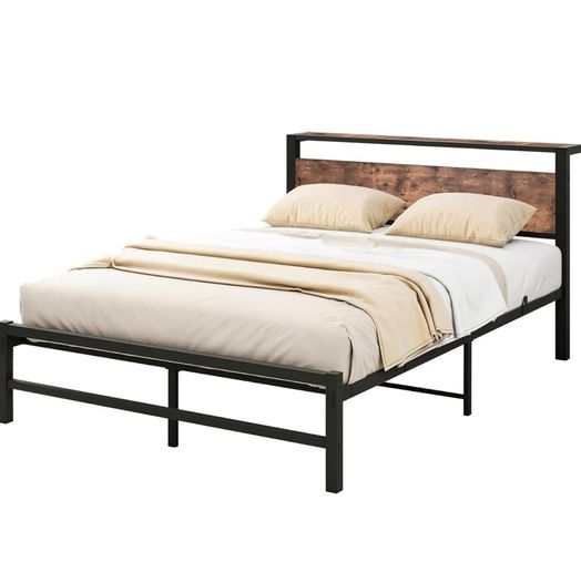 Double Bed Frame,Metal Platform Bed 135x190 cm,Brown No Box Spring Needed,Steel Slats Mattress Base,with Wood Storage Headboard,Noise Free,Black Double Bed Frame,Easy Assembly