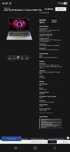 Lenovo LOQ 15 AHP10 Ryzen 7 250 RTX 5060 8GB 16GB RAM 1TB SSD | Brand New Sealed | 1 Year Warranty