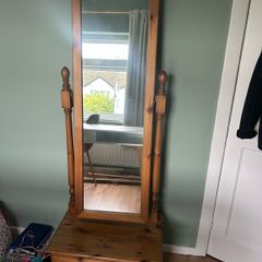 Solid Pine Cheval Mirror with Storage Drawer