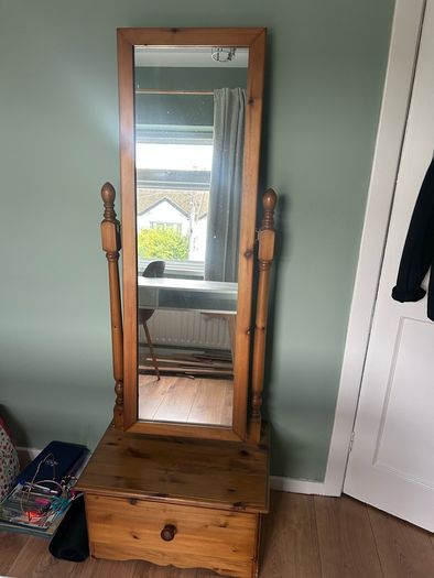 Solid Pine Cheval Mirror with Storage Drawer