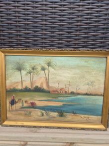 Original Signed Orientalist Oil Painting Desert Oasis Scene 45 x 32 cm