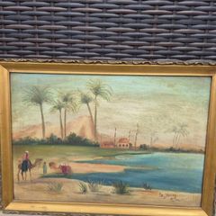 Original Signed Orientalist Oil Painting Desert Oasis Scene 45 x 32 cm