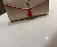 Escada Fiesta Carioca Ivory Satin like fabric with Rose Pink Trim Toiletry, Make Up - Clutch Bag
