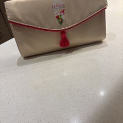 Escada Fiesta Carioca Ivory Satin like fabric with Rose Pink Trim Toiletry, Make Up - Clutch Bag