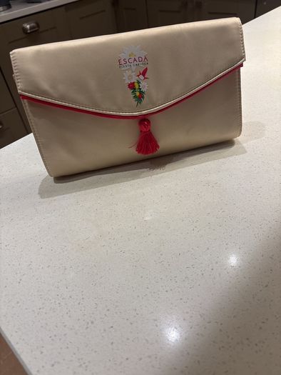 Escada Fiesta Carioca Ivory Satin like fabric with Rose Pink Trim Toiletry, Make Up - Clutch Bag