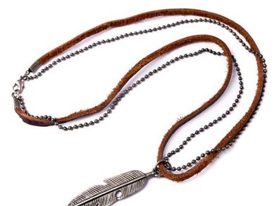 Men Necklace Jewelry Gift with feather pendant on leather string