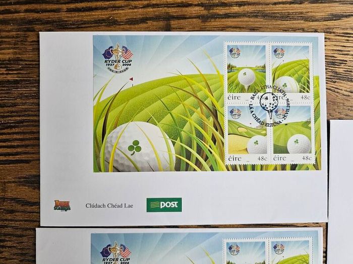 2006 Ireland Ryder Cup Matches Commemorative Stamps Booklet Pane featuring sets issued to commemorate Ryder Cup in Ireland with golf ball Mint Never Hinged (MNH). Hibernian HP1