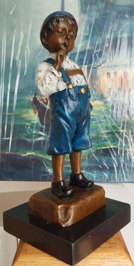 Smoking Boy - Cold Painted Bronze, Marble, Signed