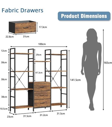 4-Tier Bookcase with Drawers, 100cm Wide Rustic Brown Shelving Unit 142cm Height, 10 Open Shelves + 3 Fabric Drawers, Industrial Rustic, For Living/Bedroom/Home Office, Large Storage