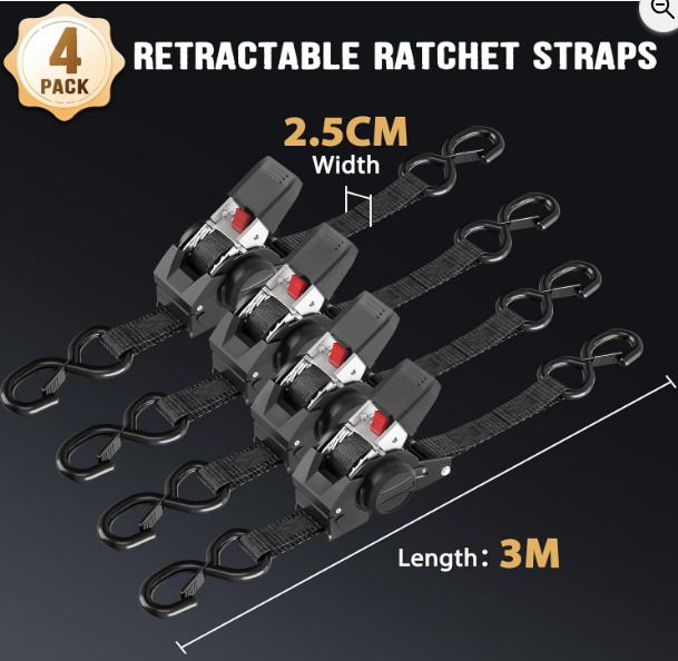4 Pce Retractable Ratchet Straps Tie Downs 2.5CM x 3M 800kg Break Strength