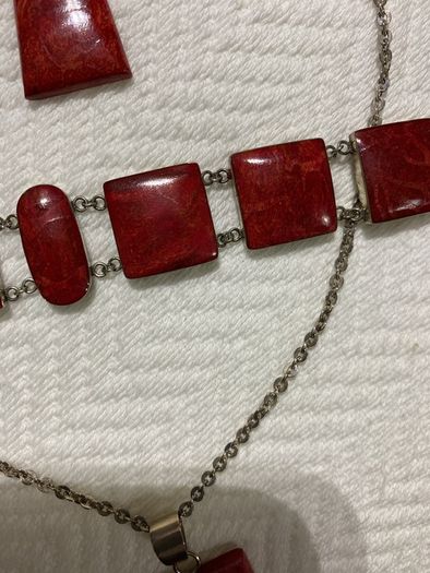 925 Silver Hallmarked Red Coral Pendant, Earrings and Bracelet Set