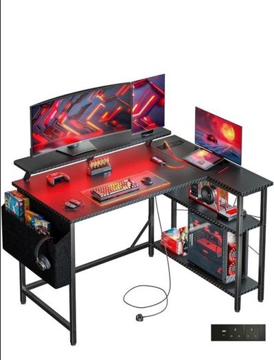 L Shaped Gaming Desk with LED Lights & Power Outlets, 120x80cm Corner Computer Table with Storage Bag & Adjustable Shelves & Large Monitor Stand, Home Office Study Workstation, Carbon Black
