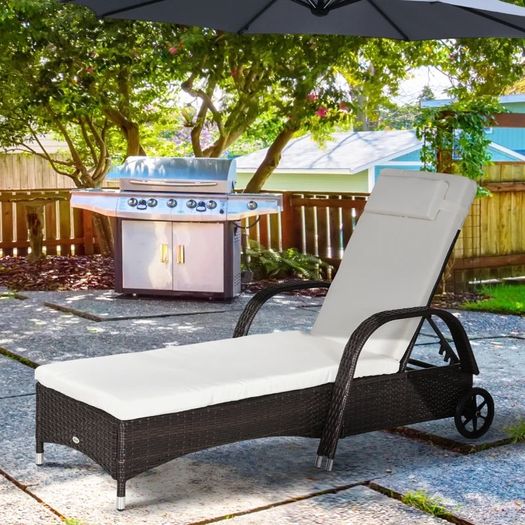 Garden Rattan Furniture Single Sun Lounger Recliner Bed Reclining Chair Patio Outdoor Wicker Weave Adjustable Headrest with Fire Retardant Cushion (FREE SHIPPING)