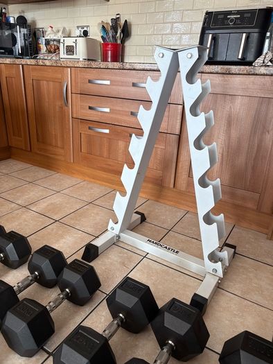 Rubber Hex Dumbbell Set + Upright Dumbbell Storage Rack