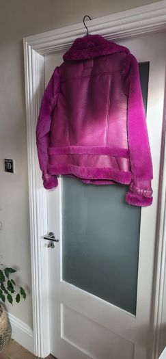 RIVER ISLAND fuschia faux leather and fur biker jacket Sz 14UK - Rrp 125 (New)