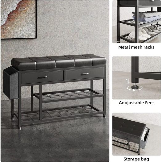 Shoe Bench with Cushion, Storage Bench with Padded Seat, Metal Shoe Racks and Fabric Drawers