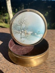 Vintage  1970s Brass Trinket Box with Footed Elegance with Enchanting Winter Scene Lid