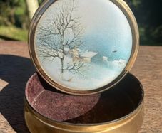 Vintage  1970s Brass Trinket Box with Footed Elegance with Enchanting Winter Scene Lid