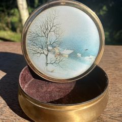 Vintage  1970s Brass Trinket Box with Footed Elegance with Enchanting Winter Scene Lid