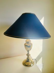 Vintage Brass Table Lamp with Navy Blue and Gold Trim Shade