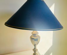 Vintage Brass Table Lamp with Navy Blue and Gold Trim Shade