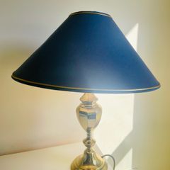 Vintage Brass Table Lamp with Navy Blue and Gold Trim Shade