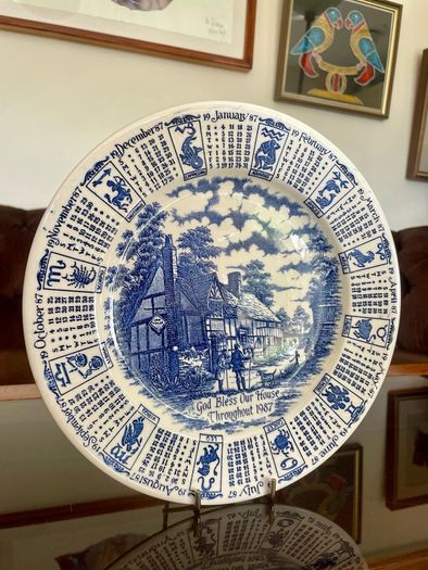 Vintage 1987 Calendar Plate English Blue and White Ironstone Rustic Wall Decor Retro Gift