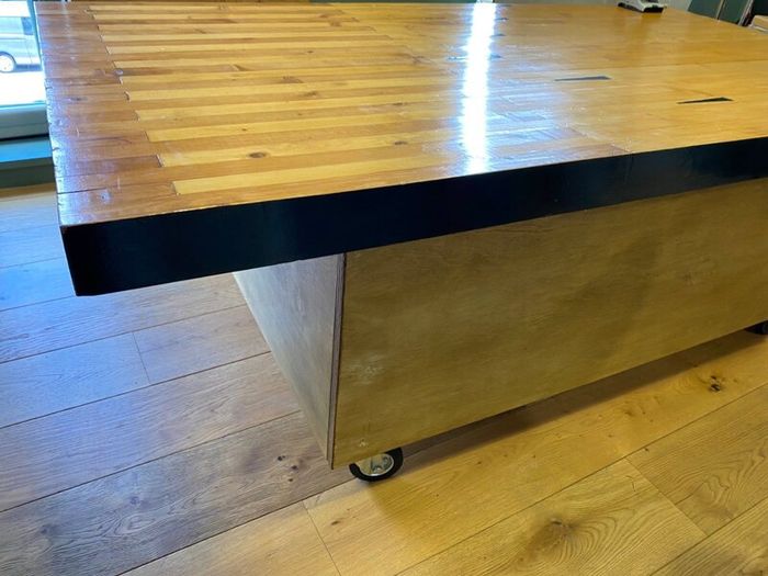 Bespoke Bowling Alley Coffee Table Reclaimed Wood, Art Drawers, Hidden Safe