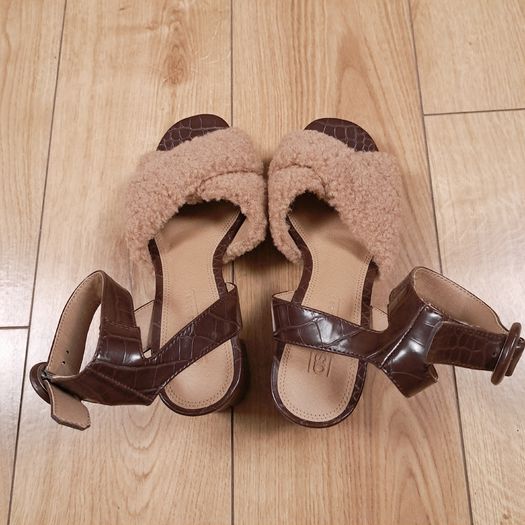 ASOS Dark Brown Croc-Effect & Beige Teddy Fleece Strap Ankle-Buckle Block Heels 4UK/37EU