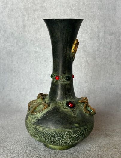 Two Chinese Dragon Vases  - Patinated Bronze, Signed