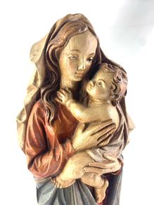 Vintage Hand Carved Madonna and Child Wooden Statue