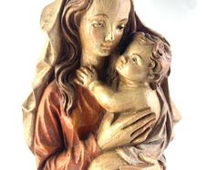 Vintage Hand Carved Madonna and Child Wooden Statue