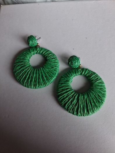 Grass Green Raffia Woven Stud Hollow Out Woven Hoop Earrings