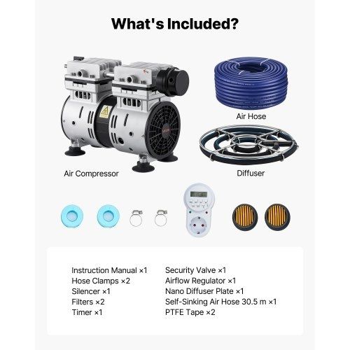 Pond Aerators, 5.2CFM Aeration System for Lakes up to 3 Acres, 4/5 HP Air Compressor, 1 Diffuser & 30.5 m Weighted Tubing, Outdoor Pond Aeration Pump for Deep Water Oxygen Circulation