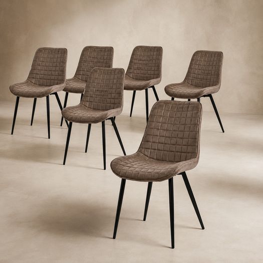 Set of 6 Brown Quilted Upholstered Dining Chairs with Black Steel Legs