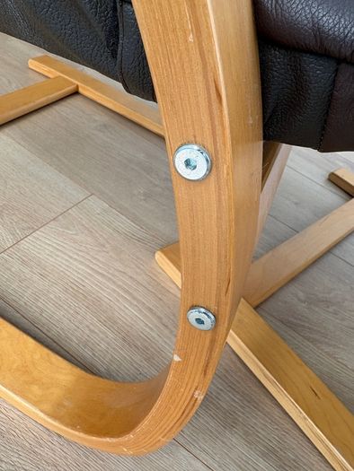 Set of 2 Brown leather and wood Bent Wood Easy Chairs and matching footstools