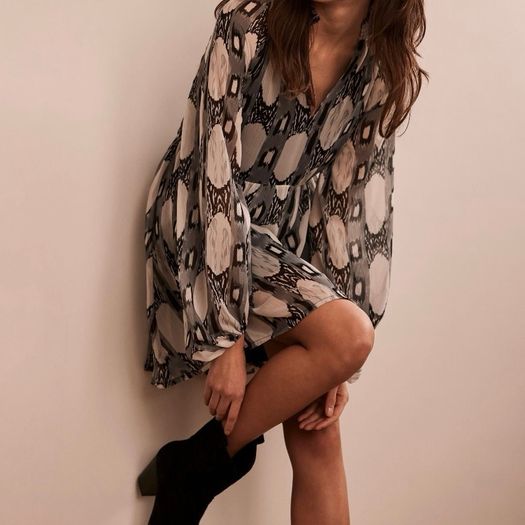 Mint Velvet Grey Abstract Print Flared Mini Dress Size M